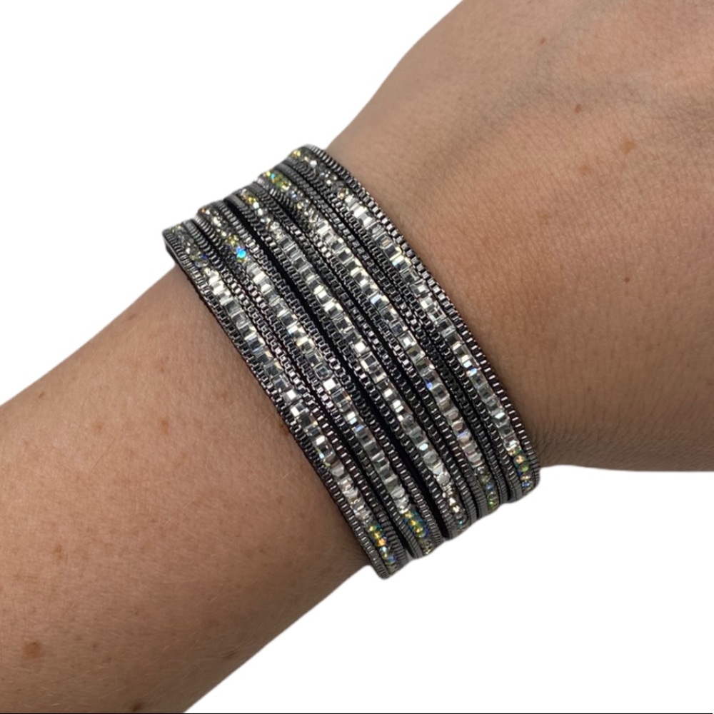 Black Leather Cuff Strappy Bracelet Rhinestone Jewelry Western Accessories NEW